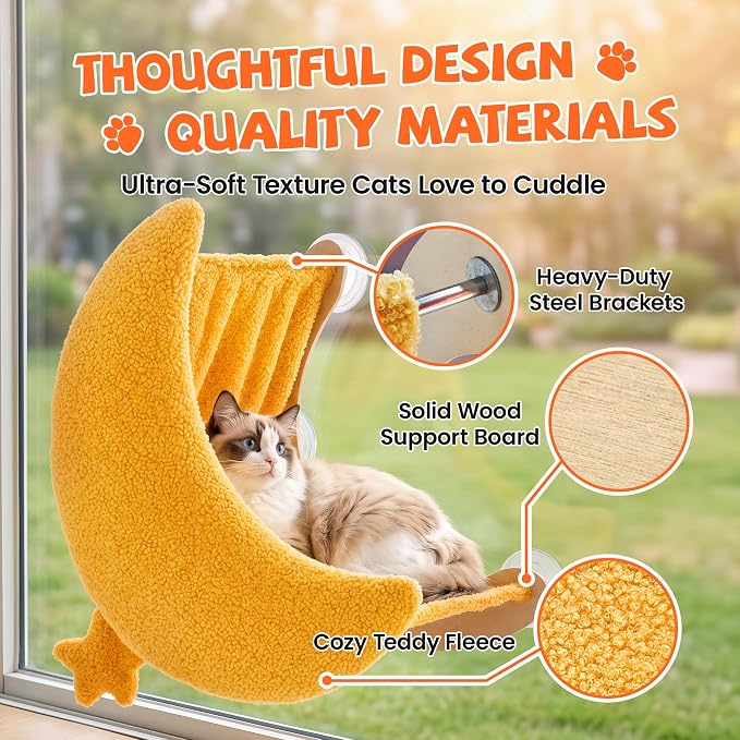 Cat Window Perch Moon Shape, Large Cat Hammock Bed Washable | Suction Mount, Steel Brackets, Soft Fabrics, Natural Pine Wood, Space Saving, Tool-Free Assembly, Watch birds, Sunbathing