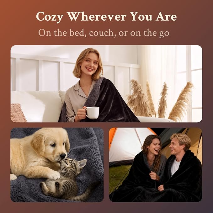 Waterproof Blanket for Bed - King Sized (80"x90") Plush Water Proof Blanket to Protect Furniture, Stain Resistant, Leak-Proof, Double-Sided Flannel & Sherpa Fleece, Reversible Black & Grey