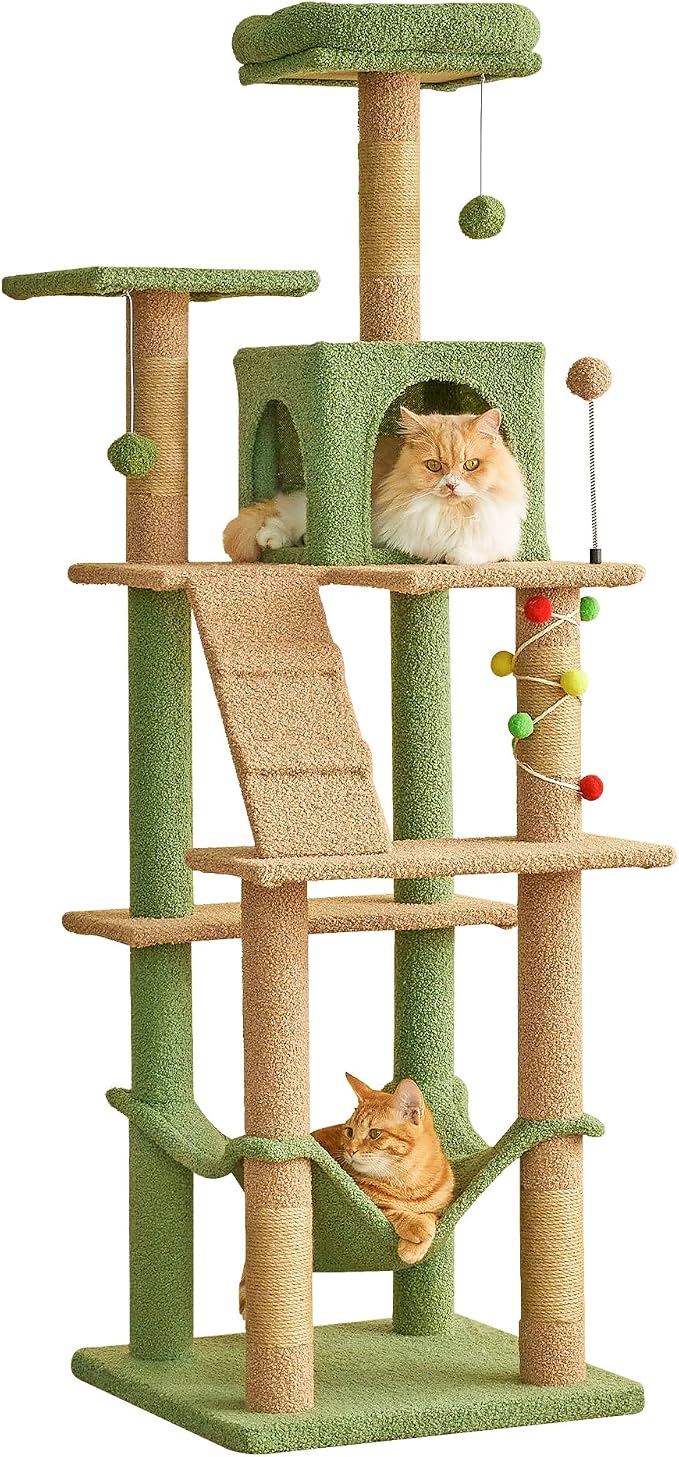 MWPO 63.8 Inches Green Cat Tree for Indoor Cats, Multi-Level Cat Tower with Sisal-Covered Scratching Posts, Padded Platform, Hammock, Dangling Toys, Stable Cat Condo Pet Play House