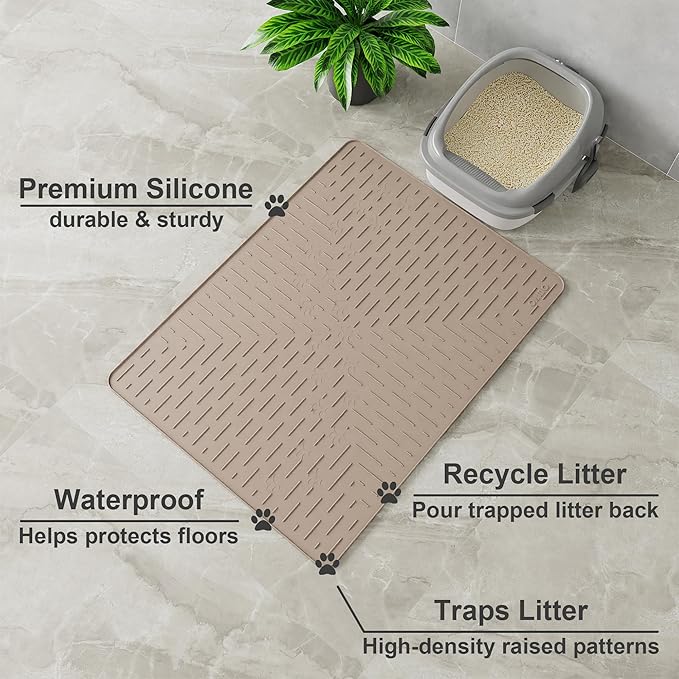 OHMO Large Cat Litter Mat, 31.5x23.6 Silicone Trapping Mat Beige | for Kitty Litter Box, Easy Clean, BPA Free Rubber, Center Litter Collection, Easy Pour-Back, Waterproof, Odor-Resistant