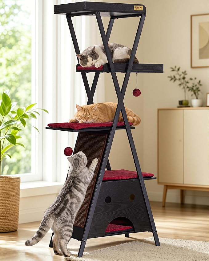 Modern Wood Cat Tree Tower for Indoor Cats Large Adult 67-in Tall | Heavy Duty XL Stable Wooden Cat Condo House Furniture with Multi-Level Spacious Perch Scratching Board Soft Washable Pads
