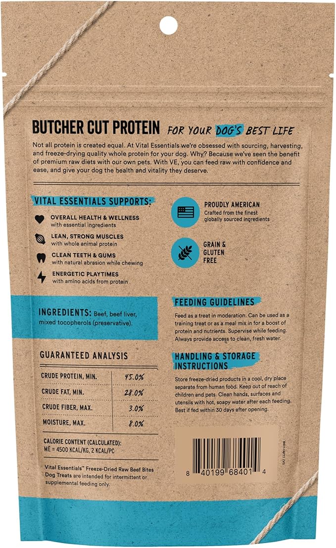 Vital Essentials Freeze Dried Dog Treats, Beef Bites, 6.2 oz Bag | Single Protein, Made With Beef & Liver, Premium Quality Protein, Grain-Free Training Treats
