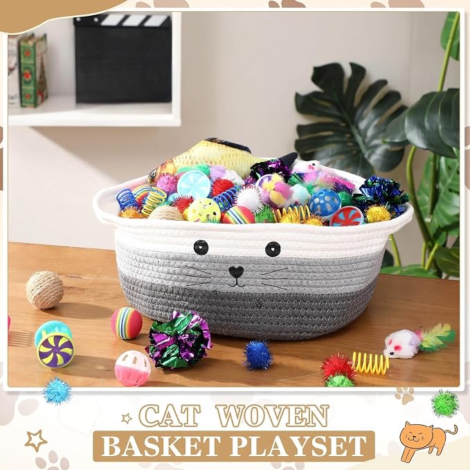 Zopeal 58 Pcs Summer Cat Storage Basket Gift Toys Set, Colorful Flashing Balls Pet Bell Crinkle Balls Spring Toys Attract Cat to Swat, Hunt, Interactive for Pet(Multicolor,12 Inch)
