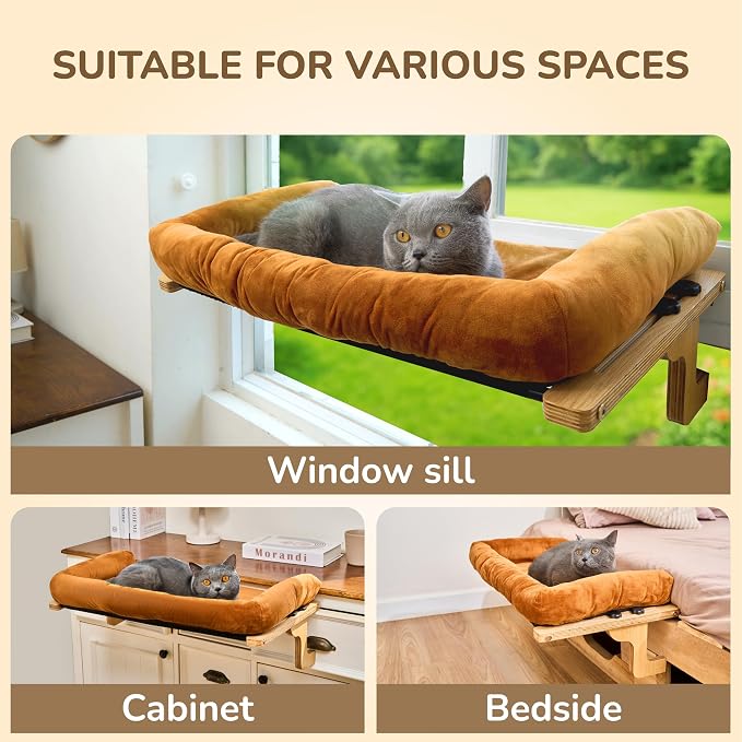 [Ready to Gift] PURRHOUSE 45LBS Cat Window Perch with Bolster, Hammock Seat with Plywood & Metal Frame, Cat Bed for Windowsill, Bedside and Cabinet (Natural Wood & Brown Cushion, 24.8''W x 9.4''H)