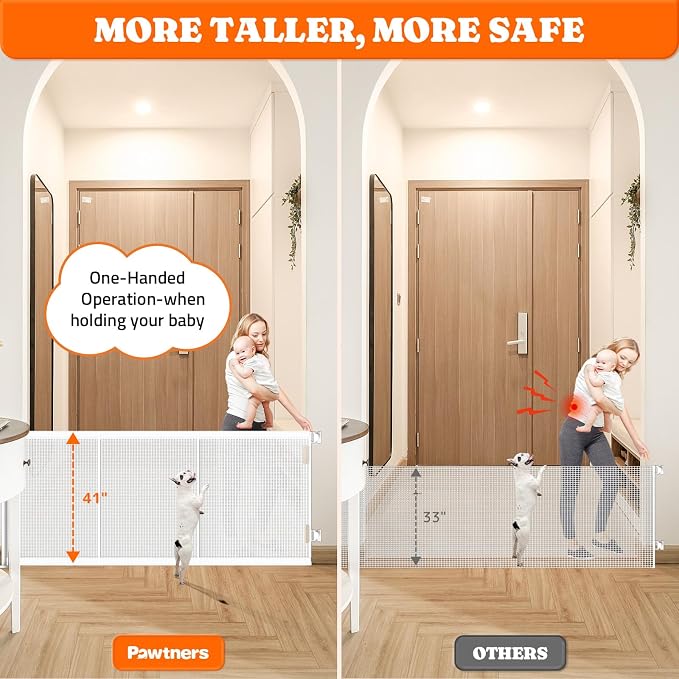 Pawtners Retractable Baby Gates Extra Wide, 41" Tall Extends up to 120" Wide, Dog Gate Indoor for Stairs, Pet Gate with Support Rods for Doorways Hallways Indoor & Outdoor-White