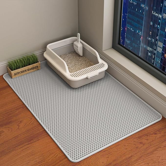 HCY&WLD Cat Litter Mat, Double Layer Cat Litter Box Mat (35x24 Inch, Gray) | Waterproof Urine-Proof Non-Slip Litter Trapping Mat, Soft on Kitty Paws, Scratch-Resistant, Scatter Control, Easy to Clean