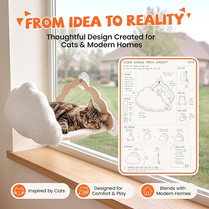 Cat Window Perch Cloud Shape, Large Cat Hammock Bed Washable | Suction Mount, Steel Brackets, Soft Fabrics, Natural Pine Wood, Space Saving, Tool-Free Assembly, Watch birds, Sunbathing