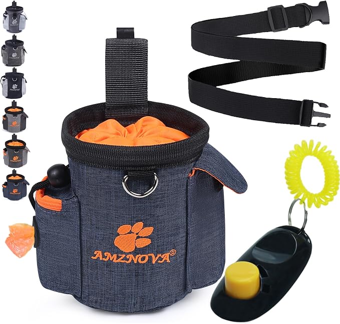 AMZNOVA Dog Treat Pouch Treatnow Dog Treat Bag, 3 Cups, Heather Navy | Training Pouch with Waist Belt & Clicker for Training & Walking, Waist Clip On Snack Fanny Pack for Pet