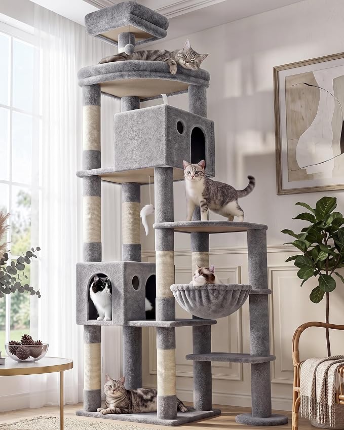 Globlazer Giant Cat Tree for Indoor Large Cats, 83in, F83, Light Grey | XXL Cat Tower with 9 Scratching Posts for 20lb+ Heavy Duty Large Adult Cats