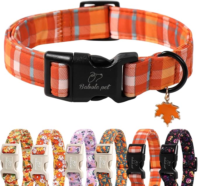 Fall Dog Collar Cute Orange Plaid Puppy Collar - Light Comfortable Adjustable Pet Collars for Small Medium Large Girl Boy Dogs S