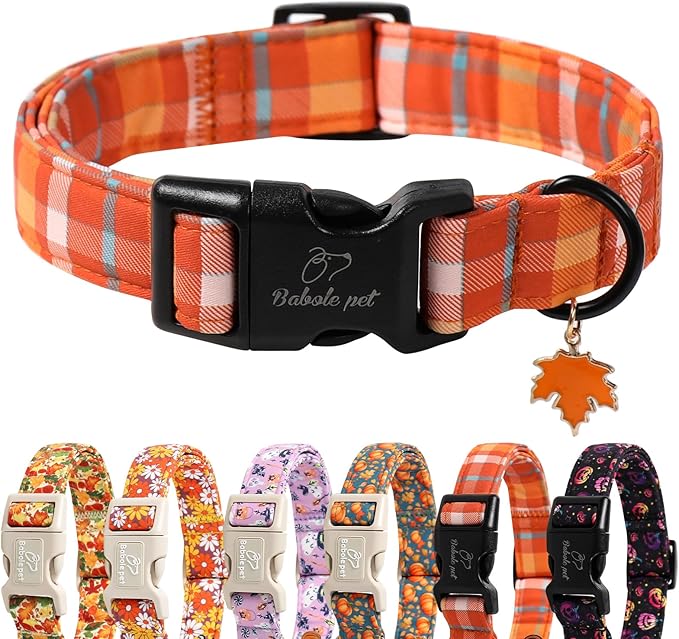 Fall Dog Collar Cute Orange Plaid Puppy Collar - Light Comfortable Adjustable Pet Collars for Small Medium Large Girl Boy Dogs XS