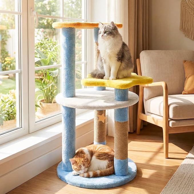 PETSITE 29-inch Cute Cat Tree, Multi-Level Small Cat Tree with Jute Scratching Post, Dangling Toy, Star and Moon-Shaped Perches, Ideal for Indoor Cats (Blue)