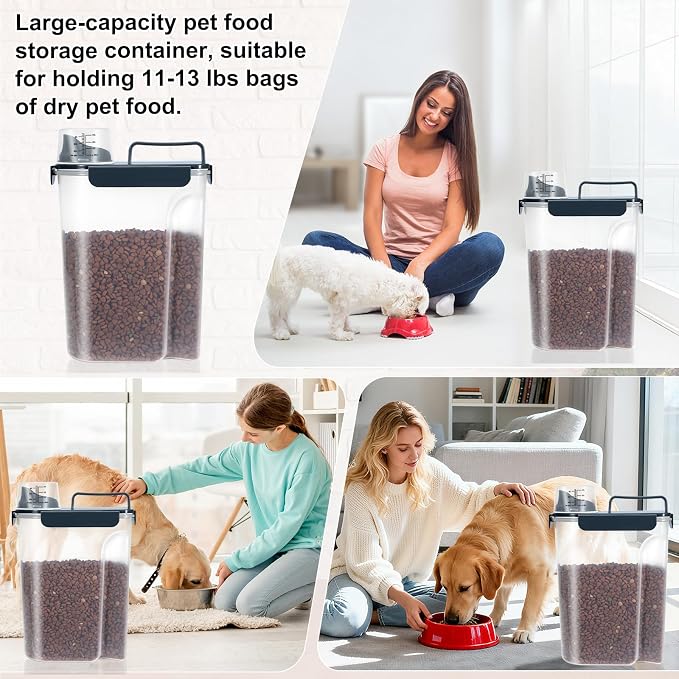 LEAWALK 10-13 Lbs Upgrade Capacity Dog Cat Food Storage Container, Pet Dog Treat Container, Airtight, Clear Bucket Body, With 2-Cup Scoop, Handle, Large Nozzle, 4-Safety Buckles, Easy to Clean, Blue
