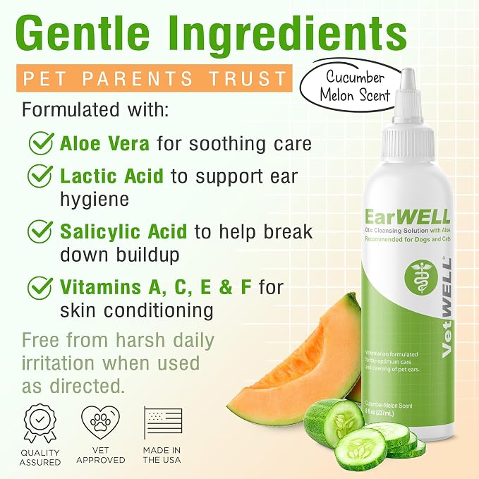VetWELL Ear Cleaner for Dogs and Cats - Cucumber Melon - 8 oz | Otic Ear Solution for Pets to Help Manage Odor and Reduce Wax Build Up