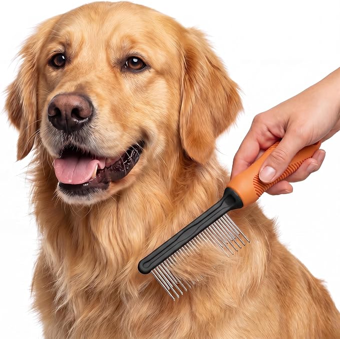 Poodle Grooming Comb - Metal Dematting Comb with Long & Short Stainless Steel Teeth for Removing Matted Hair & Knots, Safe and Gentle for Dogs & Cats (Orange)