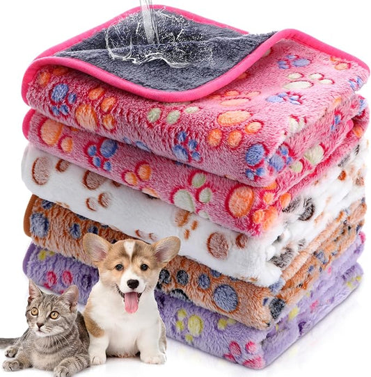 Panelee 30 x 21 Inch 4 Pcs Washable Dog Blankets Waterproof Cute Paw Print Fleece Blanket Reusable Puppy Blankets for Small Medium Pet Cat Whelping Warm Soft Mat Guinea Pig Cage Liners