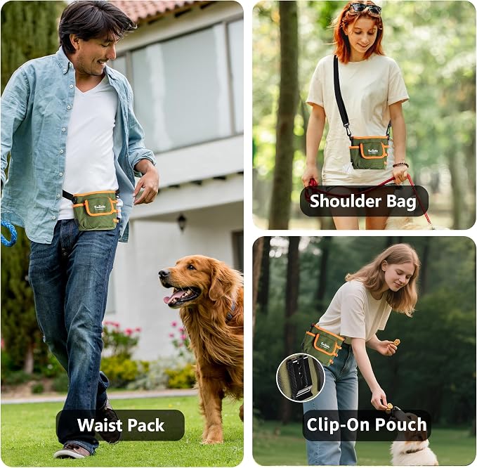 Dog Treat Pouch with Magnetic Closure for Pet Training | 3-Way Wear Treat Bag, 900D Waterproof Fabric, 4 Storage Spaces for Walking, Hiking, Agility, Training & Daily Rewards