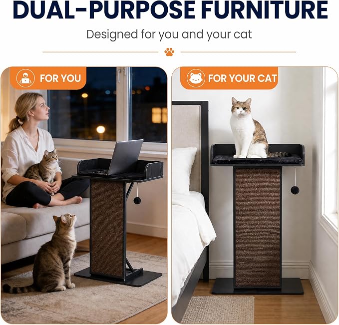Modern Wood Cat Tree Tower for Indoor Large Adult Cats with Big Perch Bed | 33.8in Tall Wooden Cat Trees with Platform, Cat Scratching Pads, Washable Cushions, Cat Furniture for Window, Rustic Black