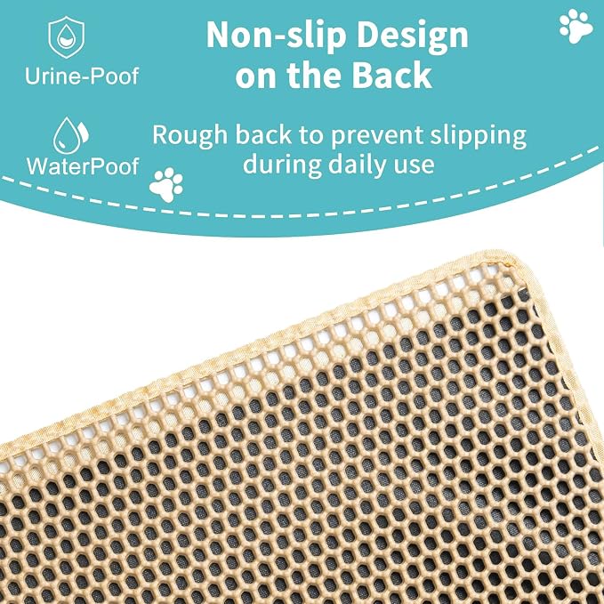 Cat Litter Mat XL 28"x47", Litter Mats Extra Large Easy Clean, Less Mess | EVA Double-Layer Honeycomb Litter Trapping Mat, Anti-Scatter Anti-Tracking Cat Mat, Waterproof, Rinse or Vacuum(Khaki)