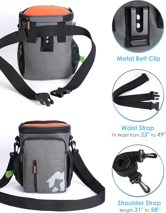8 Cup Dog Treat Pouch with Training Clicker(Gray & Orange) | 3 Ways to Wear/Built-in Poop Bag Dispenser/Zipper Front Pocket Phone Friendly Treat Bag for Pet Training & Walking