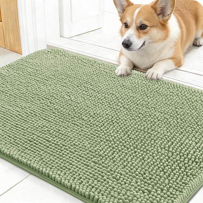 OLANLY Dog Door Mat for Muddy Paws 24x16, Super Absorbent Chenille Mud Mat | Sage Green, Absorbs Moisture and Dirt, Non-Slip Machine Washable Doormat, Quick-Drying Indoor Entryway Floor Carpet for Dogs