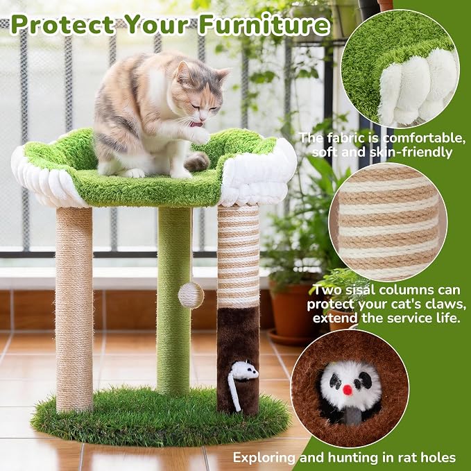 WOOCHPET 20" Small Cat Tree for Kittens, Cute Green Mini Kitty Tower with Removable Washable Perch Bed, 3 Sisal Scratching Posts, Toy Mouse for Small Indoor Cats