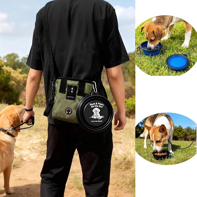 Dog Treat Pouch and Collapsible Bowl Set for Training & Walking - Weatherproof Nylon Treat Bag with Multitasking Storage Pockets, Adjustable Belt & Shoulder Strap Suit for Pet Walking Hiking