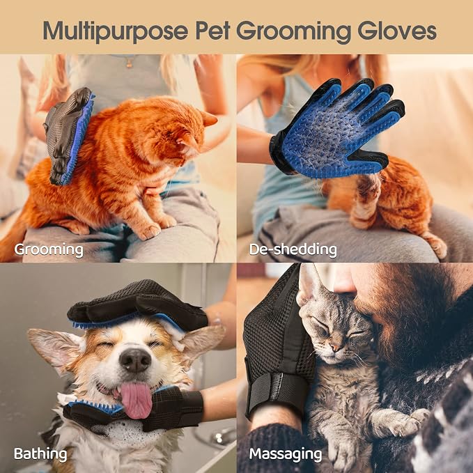 Pet Hair Removal Glove with 255 Silicone Tips for Dogs & Cats, 1 Pair Blue | 2-in-1 Deshedding & Massage Mitt, 5-Finger Flexible Design, for Bathing & Grooming, Safe for Long/Short/Curly Hair Pets
