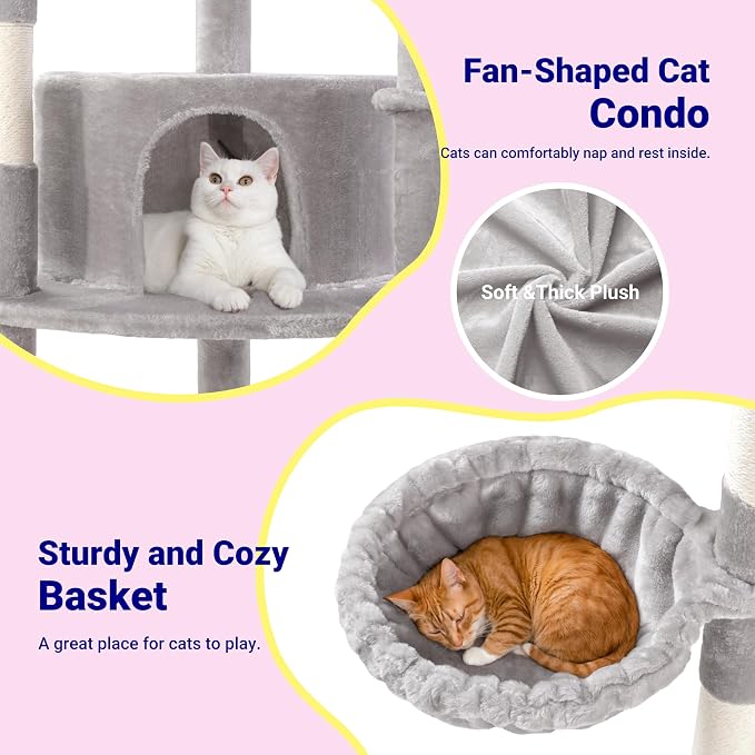 Allewie 73in Fan-Shaped Space-Saving Corner Cat Tower/Multi-Level Tall Cat Tree for Indoor Kitties/Cozy Baskets/Condos/House/Perches/Sisal Scratching Posts/Pet Activity Center/Grey