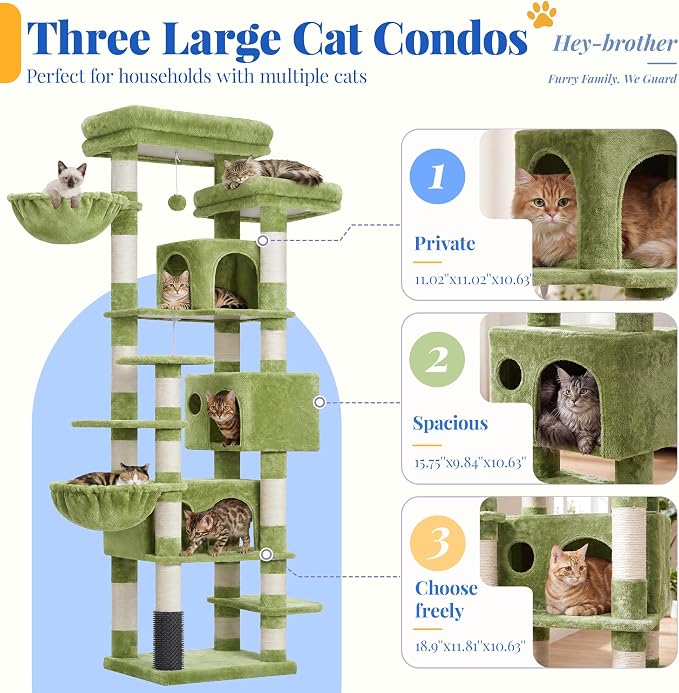Hey-brother Cat Tree, Multi-Level Tower with 3 Condo, Hairbrush, MPJ035-MGR