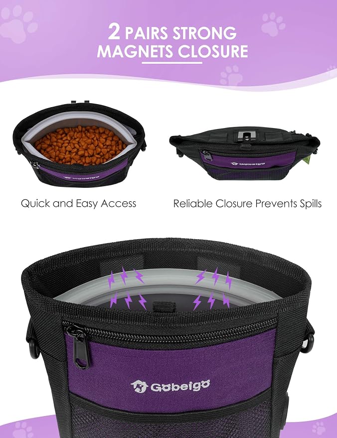 4 Cup Dog Treat Pouch with Silicone Insert Bag& Clicker(Purple) | 2 Pair Magnetic Closures, Belt Clip/Waist Belt/Crossbody Wear, Zipper Pocket Poop Bag Holder for Pet Training/Daily Walking