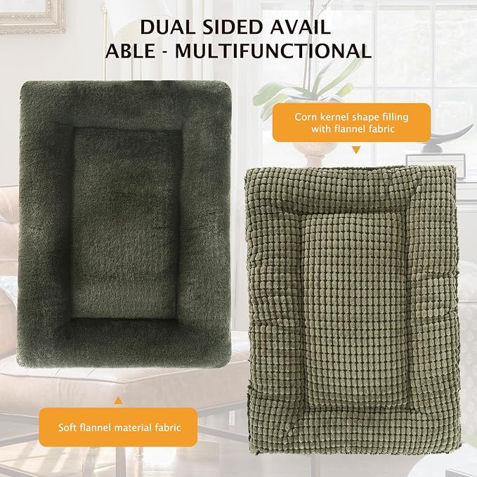 Reversible Dog Bed Mat with Plush and Corn Velvet,Soft Warm Pet Cushion, Dual Purpose Washable Sleeping Mattress Bed for Small Medium Large Dog and Cat XB004 (24"x18", Dark Green)