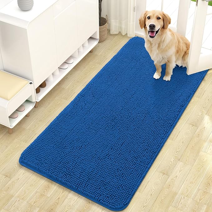 OLANLY Dog Door Mat for Muddy Paws 47x24, Super Absorbent Chenille Mud Mat | Deep Navy Blue, Absorbs Moisture and Dirt, Non-Slip Machine Washable Doormat, Quick-Dry Indoor Entryway Floor Carpet for Dogs