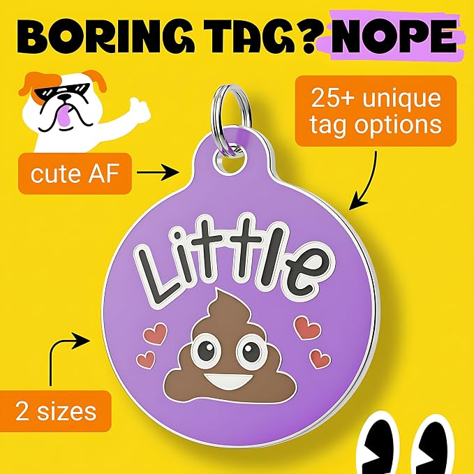 Bad Tags Personalized Dog and Cat ID Tags in 25+ Designs and 2 Sizes - 5 Lines of Custom Engraved Text - Funny Cute Personalized Pet Tags (Little Sh*t - Purple, Small (1 inch))