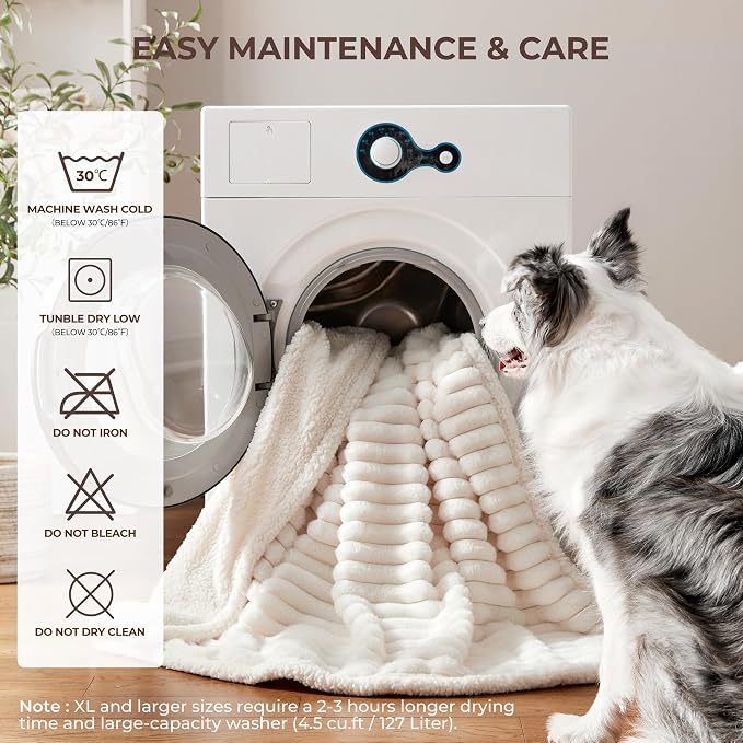 Waterproof Dog Blanket for Large Dogs, Soft Corduroy Fleece Pet Blanket Washable, Double Sided Cat Blankets for Furniture Protection, Reversible Cozy Calming Couch Blanket, 40"x50", Cream