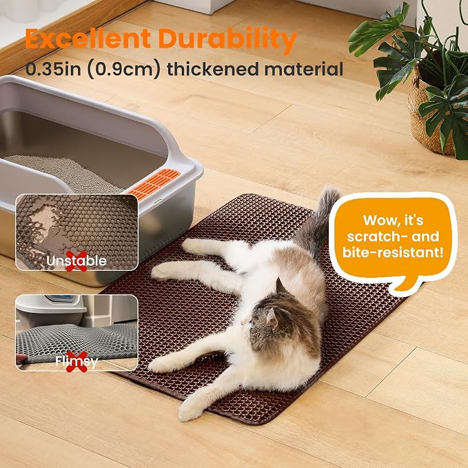 Extra Large Cat Litter Mat, Double Layer Honeycomb, Brown | 30x22”, Reduces Litter Tracking, Easy to Clean, Waterproof, Non-Slip, Soft on Paws, Scratch Resistant, Brown, XL