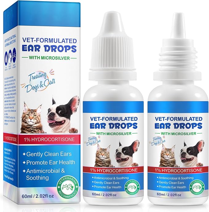 2PCS Dog & Cat Ear Infection Treatment Drops, Pets Ear Cleaning Drops | with 1% Hydrocortisone for Dog & Cats Yeast Infection, Itchy Ear Relief, Treats Ear Infections for Dogs & Cats