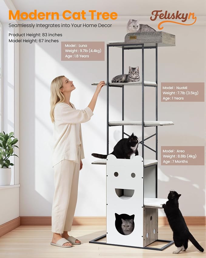 Wood Modern Cat Tree Tower, 84 Inch XL Tall Indoor Large Cat Condo | Heavy Duty XL Stable Wooden Cat Condo House Furniture with Multi-Level Spacious Perch Scratching Board Soft Washable Pads