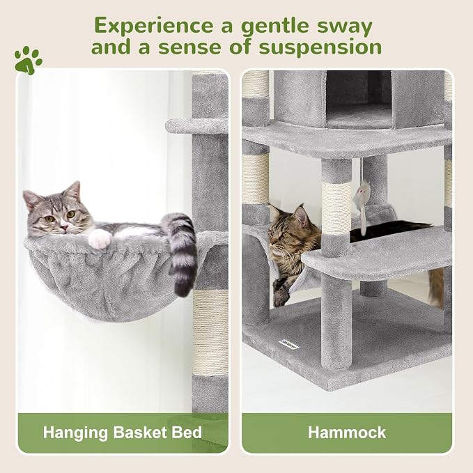 Globlazer 66in Corner Cat Tree Tower for Indoor Large Cat, C66, Light Grey | Space-Saving Stable Adult Cat Tower with 6 Scratching Posts, 2 Large Fan-shaped Condos & Top Perch, Hammock, Climbing Steps
