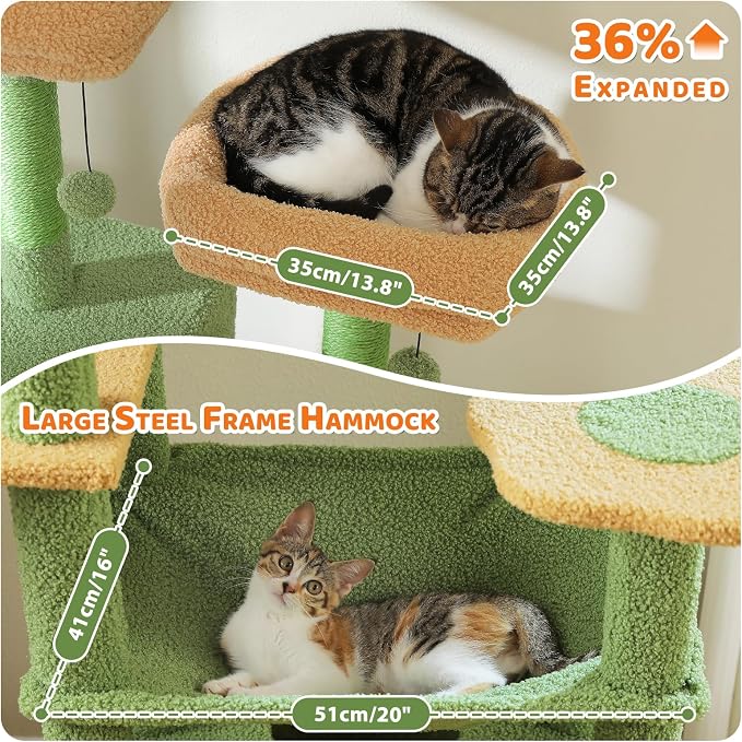 PAWZ Road 81" Cactus Cat Tree XXL Condo Hammock &2 Perches for Adult Cats | green large cat tree tower, 20"×16" hammock for maine cats, cute cat tower large condos,7 scratch posts & bottom scratcher