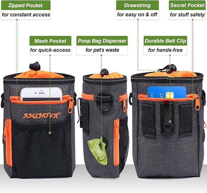 AMZNOVA Dog Treat Pouch Treatnow Dog Treat Bag, 6 Cups, Heather Black | Training Pouch with Waist Belt & Clicker for Training & Walking, Waist Clip On Snack Fanny Pack for Pet