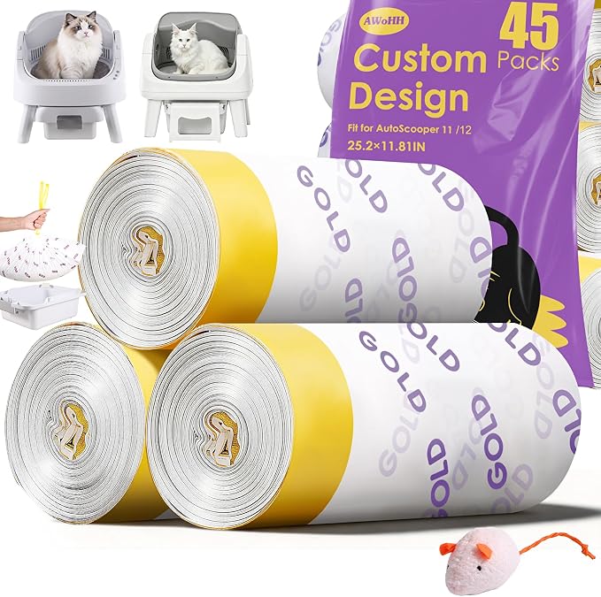 45 Count Automatic Cat Litter Box Bags for Pet Pivot AutoScooper 11/12 Open-Top Self-Cleaning Cat Litter Box, Heavy Duty Leak-Proof, Drawstring Design, Unscented, 25.19” x 11.8”
