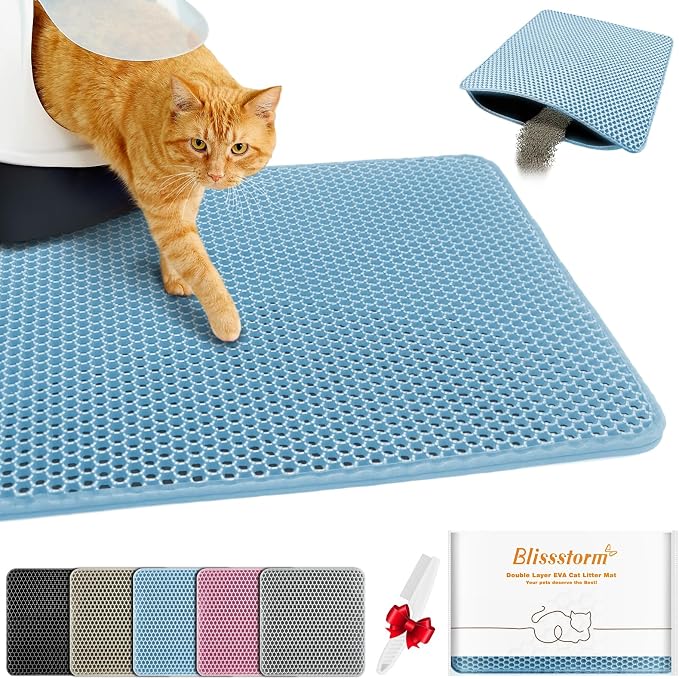 Cat Litter Mat 12"x18",Double Layer EVA litterbox Mat, Blue | Waterproof honeycomb large grid, urine-proof and odor-free. Traps litter, easy cleanup,Washable, non-slip backing