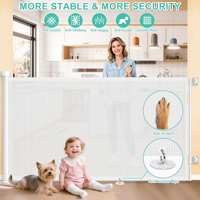 55 Inch Retractable Baby Gates Extra Wide, 41 Inch Reinforced Extra Tall Gate Mesh Safe Gate for Kids Pets, Retractable Dog Gate Baby Retractable Gate for Stair Hallway Doorway Indoor Outdoor, White
