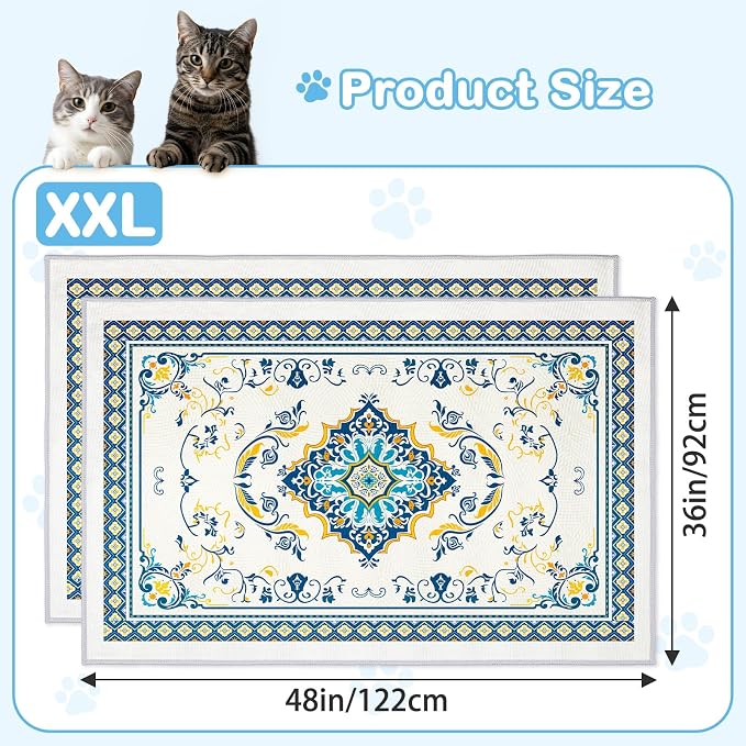 2 Pack Washable Cat Litter Mat 48"x36" Waterproof Trapping Pad | Kitty Litter Box Mat Featuring A Non-Slip Base And Decorative Design To Trap Scatter For Home Floor Protection