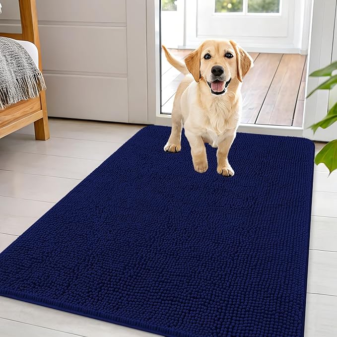 OLANLY Dog Door Mat for Muddy Paws 44x32, Super Absorbent Chenille Mud Mat | Navy Blue, Absorbs Moisture and Dirt, Non-Slip Machine Washable Doormat, Quick-Drying Indoor Entryway Floor Carpet for Dogs