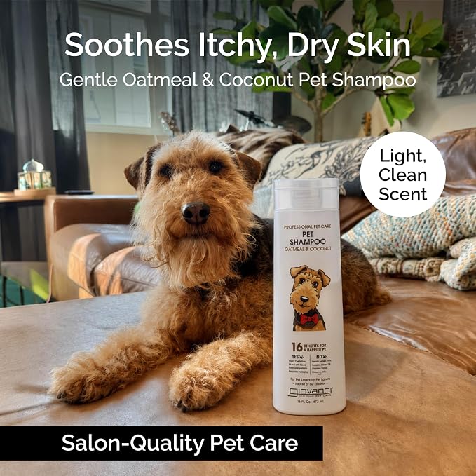 GIOVANNI Oatmeal & Coconut Dog Shampoo for Sensitive Itchy Dry Skin - 16 oz | Aloe vera; paraben-free, no SLS or SLES; for all coat types; controls static, detangles & deodorizes; vegan, Leaping Bunny