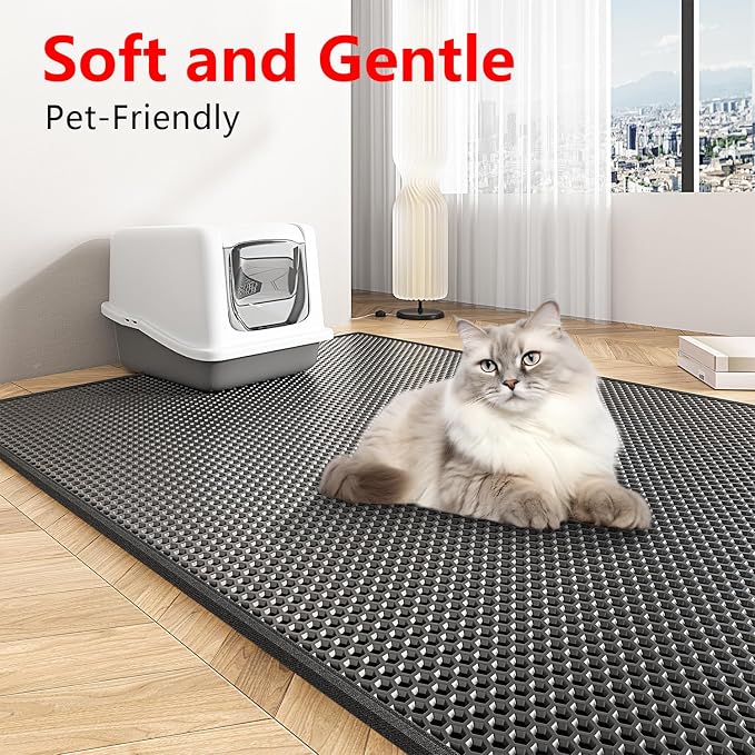 Waretary Cat Litter Mat, 47"x 36", Waterproof, Scatter Control, Black | Double Layer, Urine-Proof, Non-Slip, Durable, Easy to Clean, Paw-Friendly, Safe & Odorless, Fits Large Litter Boxes