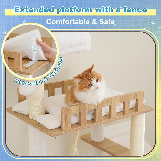 Hey-brother Wooden Cat Tree, Furniture Tower with Large Platforms, MPJ121BT | 69.7 inch, Modern Full Sisal Scratching Posts, Hammocks, Spacious Condo, Ladder, Brush, Water Proof Surface, White Oak