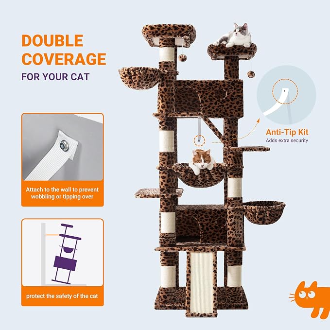 Allewie 81 Inches Tall Cat Tree/Multi-Level Large Climbing Tree House and Towers for Big Feline/Condo and Hammock/Scratching Post/Wide Base/Leopard Print